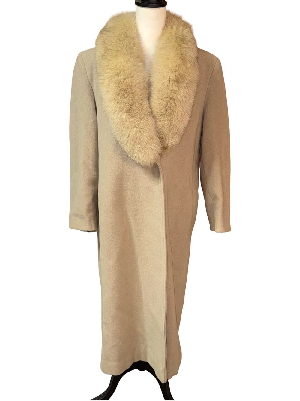Chadwick’s Vintage Wool Blend Long Coat Genuine Fox Fur Collar Beige Sz 12